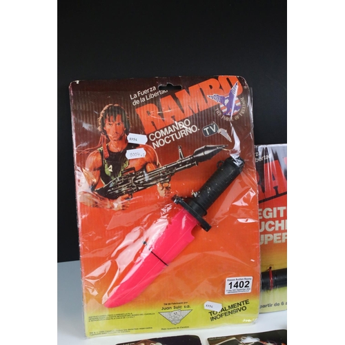 1402 - Two carded Rambo The Force of Freedom plastic toy knives to include a Metrotoys 406 example with hea... 