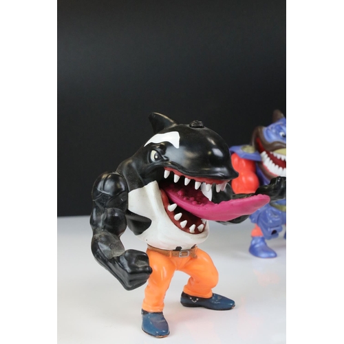 1403 - Four play worn Mattel Street Sharks to include Moby Lick, Pool Shark Ripster, Super Slammu & Moto St... 