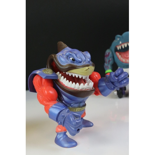 1403 - Four play worn Mattel Street Sharks to include Moby Lick, Pool Shark Ripster, Super Slammu & Moto St... 