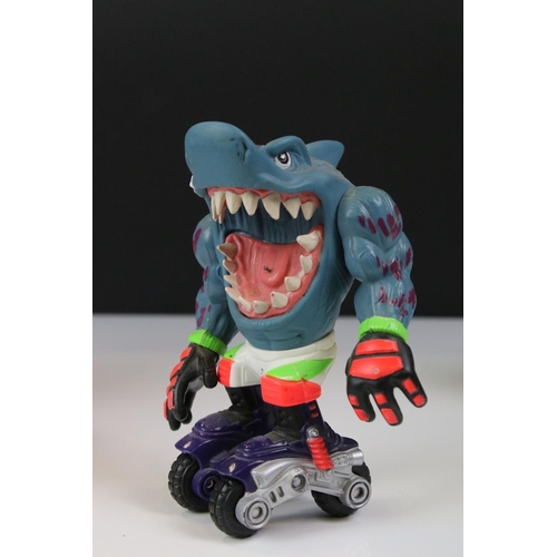 1403 - Four play worn Mattel Street Sharks to include Moby Lick, Pool Shark Ripster, Super Slammu & Moto St... 