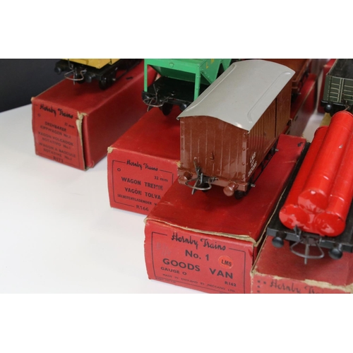 223 - 13 Boxed Hornby O gauge items of rolling stock to include No 1 Goods Van, Goods Brake Van, Flat Truc... 