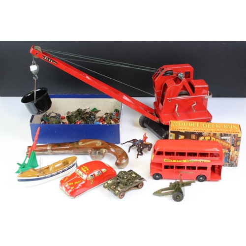 1323 - Collection of mixed toys to include 3 x tin plate toys (Triang Jones KL44 Crane with bucket, tank an... 