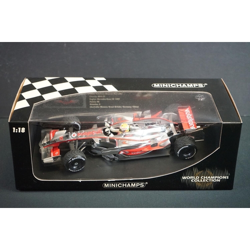 1110 - Three boxed 1/18 Paul's Model Art MiniChamps F1 diecast models to include Lewis Hamilton Vidaphone M... 