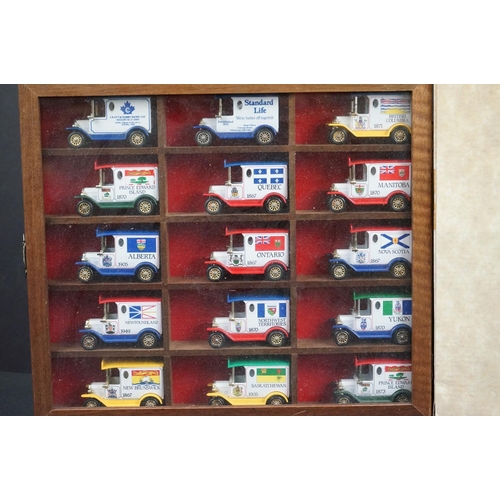 1112 - Three Lledo display cases, one boxed, one containing 15 x Canadian series diecast models, another co... 