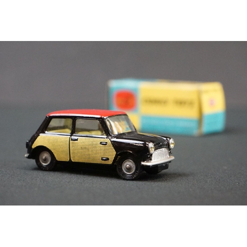 1217 - Boxed Corgi 249 Mini Cooper with de-luxe wickerwork diecast model with black body, red roof and pale... 