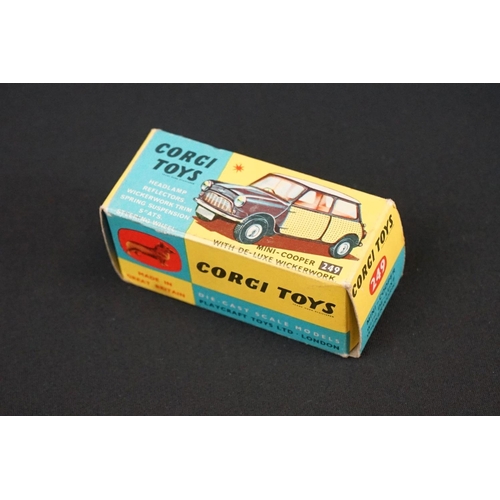 1217 - Boxed Corgi 249 Mini Cooper with de-luxe wickerwork diecast model with black body, red roof and pale... 