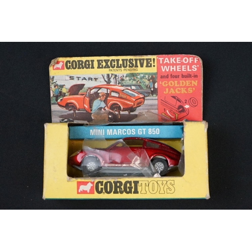 1230 - Three boxed Corgi diecast models to include 341 Mini Marcos GT 850 in metallic red, Whizzwheels 283 ... 