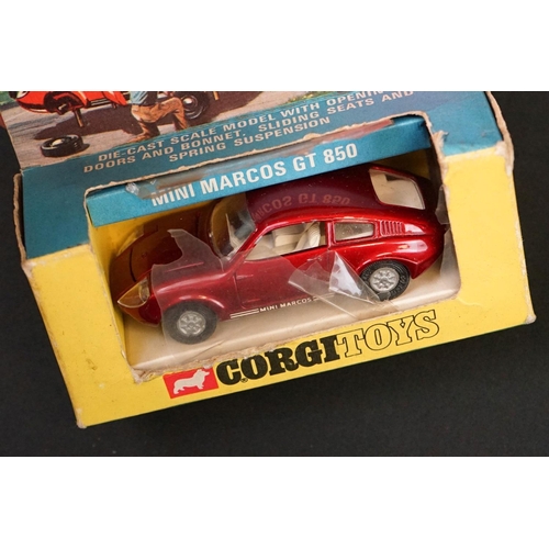 1230 - Three boxed Corgi diecast models to include 341 Mini Marcos GT 850 in metallic red, Whizzwheels 283 ... 