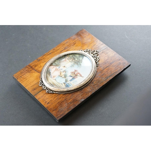 309 - 19th century miniature oil painting of two ladies being serenaded by a musician