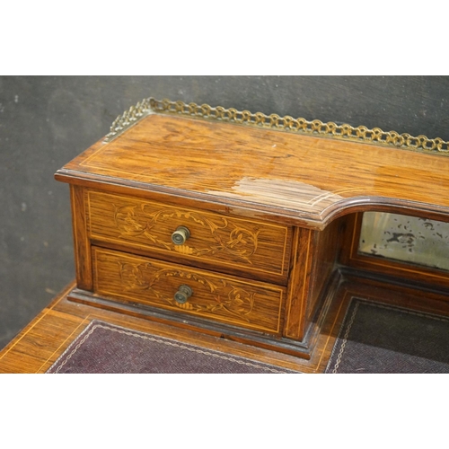 569 - Edwardian Rosewood Inlaid Ladies Writing Desk, the superstructure with gilt-metal three quarter gall... 