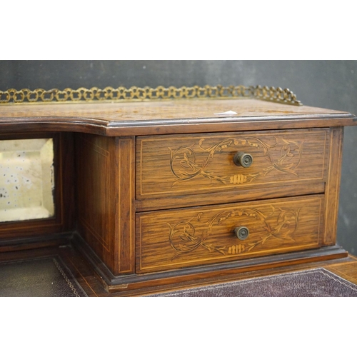 569 - Edwardian Rosewood Inlaid Ladies Writing Desk, the superstructure with gilt-metal three quarter gall... 