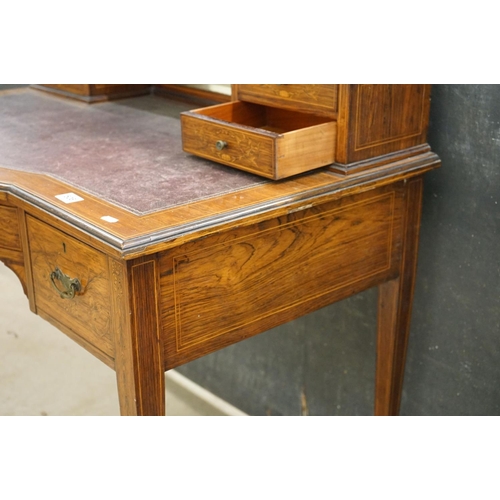 569 - Edwardian Rosewood Inlaid Ladies Writing Desk, the superstructure with gilt-metal three quarter gall... 