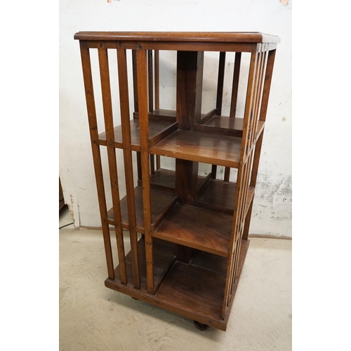 572 - Edwardian Mahogany Three Tier Square Revolving Bookcase, 50cm wide x 107cm high