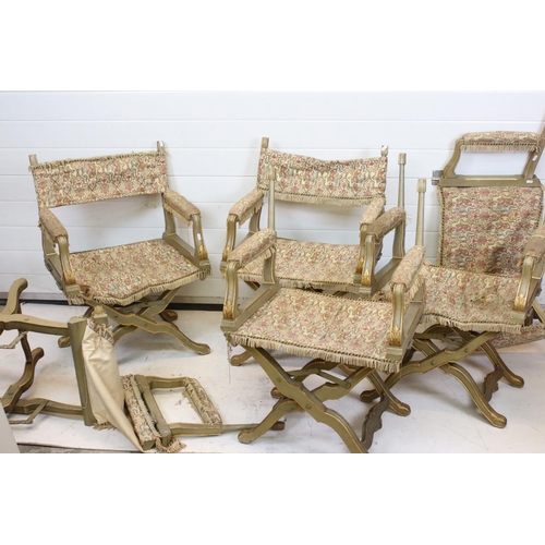 630 - Set of Six Italian Baroque style Folding Chairs with brocade fabric seat, back and padded arms, the ... 