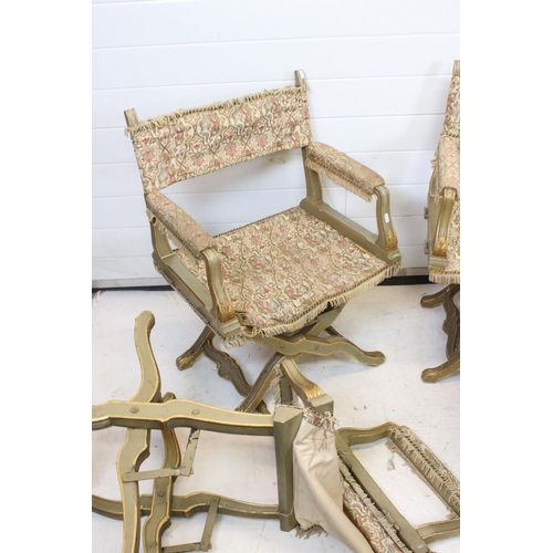 630 - Set of Six Italian Baroque style Folding Chairs with brocade fabric seat, back and padded arms, the ... 