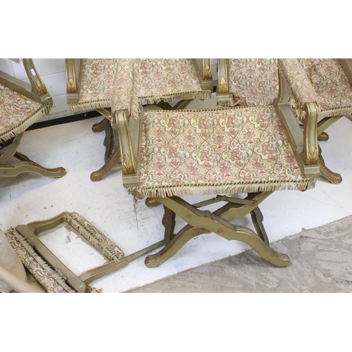 630 - Set of Six Italian Baroque style Folding Chairs with brocade fabric seat, back and padded arms, the ... 