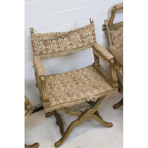 630 - Set of Six Italian Baroque style Folding Chairs with brocade fabric seat, back and padded arms, the ... 