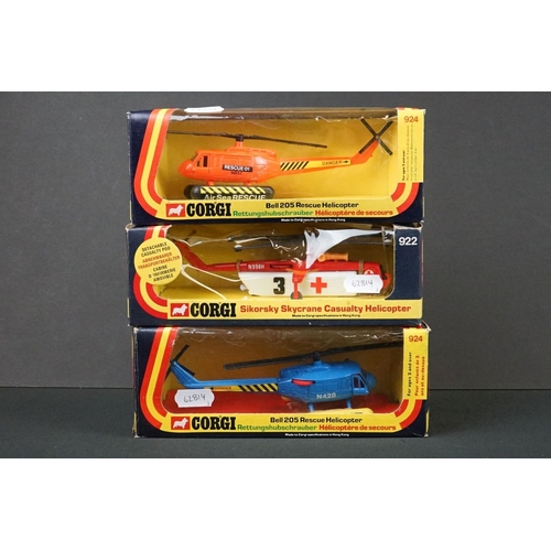 1243 - Three boxed Corgi diecast model helicopters to include 2 x 924 Bell Rescue Helicopter (variants) and... 