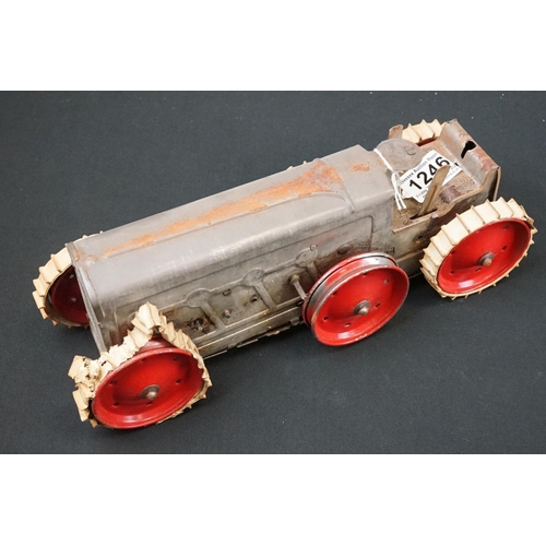 1246 - Boxed Triang Tractor Number 3 tinplate clockwork model in silver with red wheels, cream treads damag... 