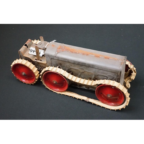 1246 - Boxed Triang Tractor Number 3 tinplate clockwork model in silver with red wheels, cream treads damag... 