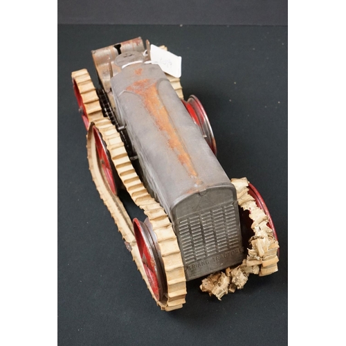 1246 - Boxed Triang Tractor Number 3 tinplate clockwork model in silver with red wheels, cream treads damag... 