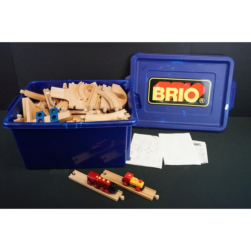 1377 - Collection of wooden Brio to include trains, track & signals contained in a Brio box