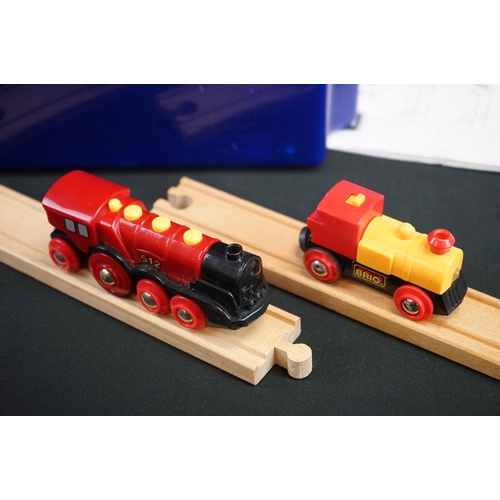 1377 - Collection of wooden Brio to include trains, track & signals contained in a Brio box