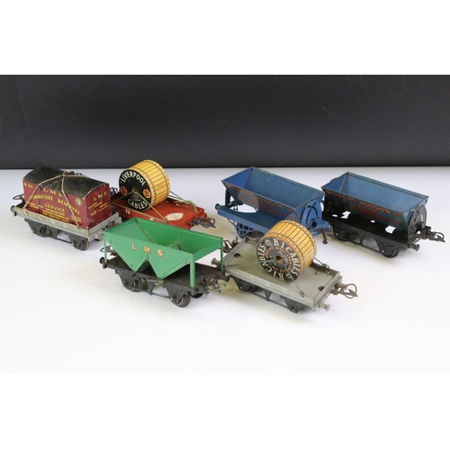 233 - Six Hornby O gauge items of rolling stock to include 2 x Robert Hudson Side Tipping Wagons, LMS Furn... 