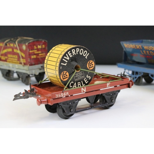 233 - Six Hornby O gauge items of rolling stock to include 2 x Robert Hudson Side Tipping Wagons, LMS Furn... 