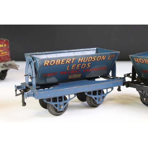 233 - Six Hornby O gauge items of rolling stock to include 2 x Robert Hudson Side Tipping Wagons, LMS Furn... 