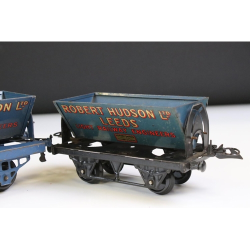 233 - Six Hornby O gauge items of rolling stock to include 2 x Robert Hudson Side Tipping Wagons, LMS Furn... 