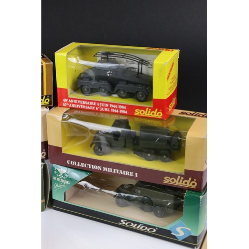 1143 - Nine boxed Solido military diecast models, all variants, diecast ex, boxes gd-vg