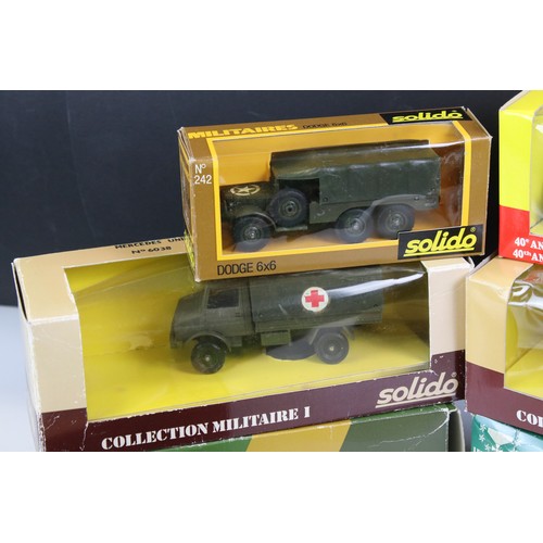 1143 - Nine boxed Solido military diecast models, all variants, diecast ex, boxes gd-vg