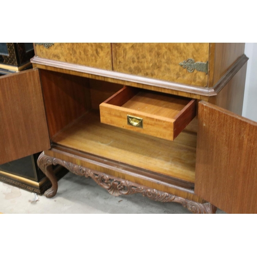 631 - Early to mid 20th century Queen Anne Revival Burr Walnut Cocktail Drinks Cabinet, the upper section ... 