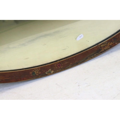 560 - Early 20th century Oval Wall Mirror with Japanned Lacquered Frame decorated with figures, butterflie... 