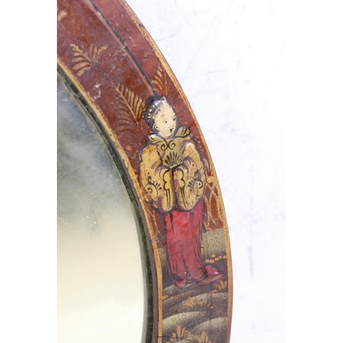 560 - Early 20th century Oval Wall Mirror with Japanned Lacquered Frame decorated with figures, butterflie... 