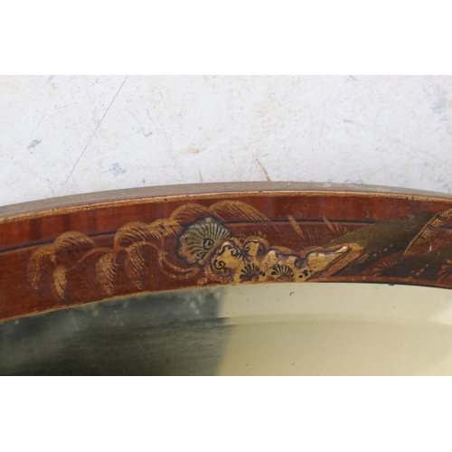 560 - Early 20th century Oval Wall Mirror with Japanned Lacquered Frame decorated with figures, butterflie... 