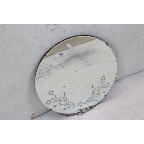 561 - Art Deco Circular Wall Mirror with etched floral design and bevelled edge, 45cm diameter