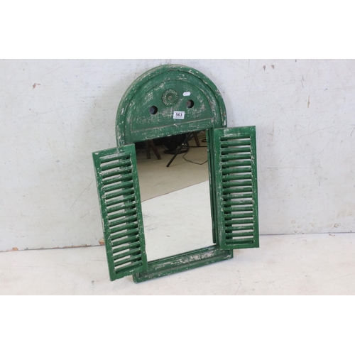 563 - Green Painted Arched Door, the two slatted doors opening to a mirror, 75cm x 39cm