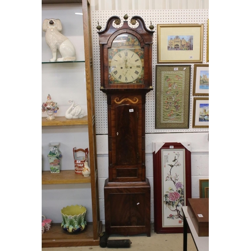 564 - 19th century Scottish Mahogany and Inlaid 8 day Longcase Clock, the arched face painted with scenes ... 