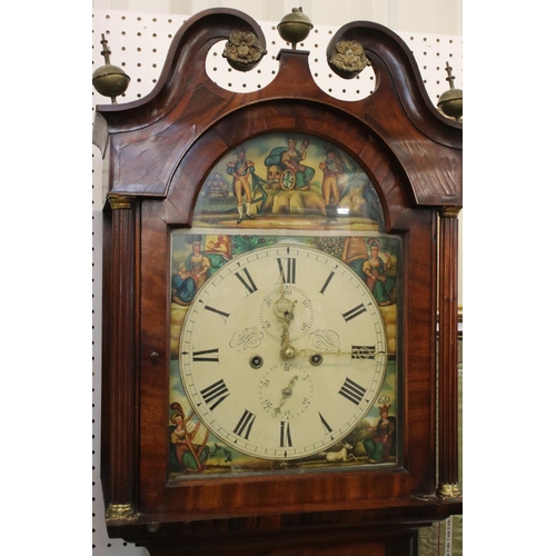 564 - 19th century Scottish Mahogany and Inlaid 8 day Longcase Clock, the arched face painted with scenes ... 