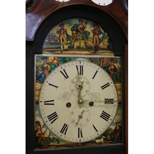 564 - 19th century Scottish Mahogany and Inlaid 8 day Longcase Clock, the arched face painted with scenes ... 