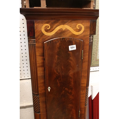 564 - 19th century Scottish Mahogany and Inlaid 8 day Longcase Clock, the arched face painted with scenes ... 