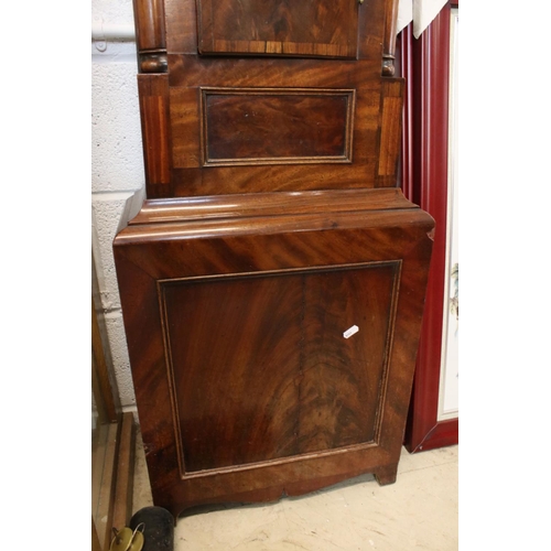 564 - 19th century Scottish Mahogany and Inlaid 8 day Longcase Clock, the arched face painted with scenes ... 