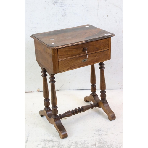 566 - Victorian Rosewood Work Table with two drawers raised on twin turned supports united by a cross-stre... 