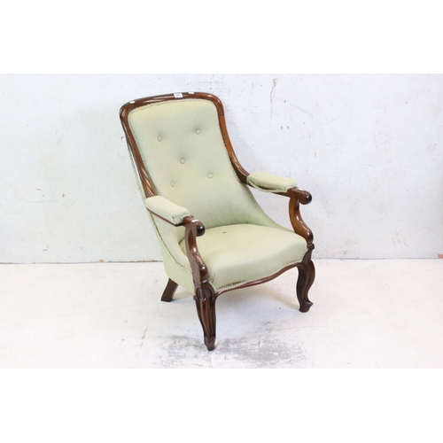 567 - 19th century Green Upholstered Armchair, the Rosewood Show Frame with carved scrolling legs, 90cm hi... 