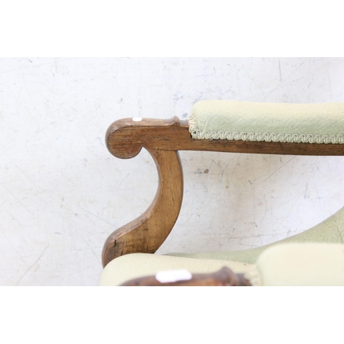 567 - 19th century Green Upholstered Armchair, the Rosewood Show Frame with carved scrolling legs, 90cm hi... 