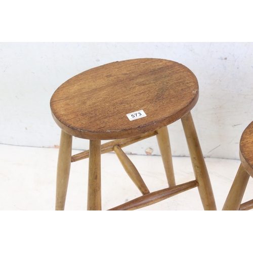 573 - Pair of Oak and Beech Tall Stools with oval seats, 53cm high