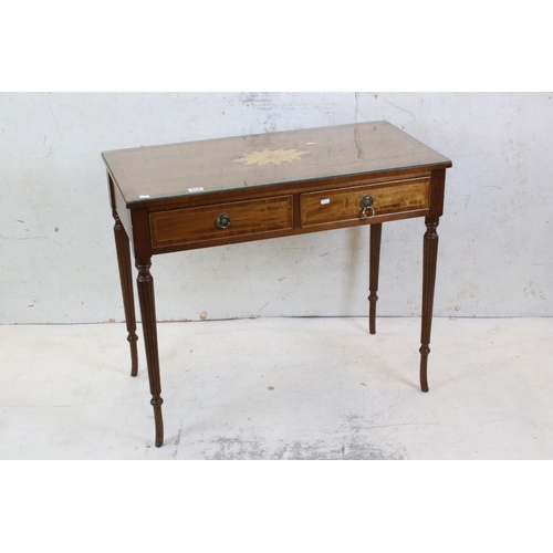 574 - Sheraton style Mahogany Inlaid Side Table with two drawers, glass cover to top, 91cm wide x 77cm hig... 