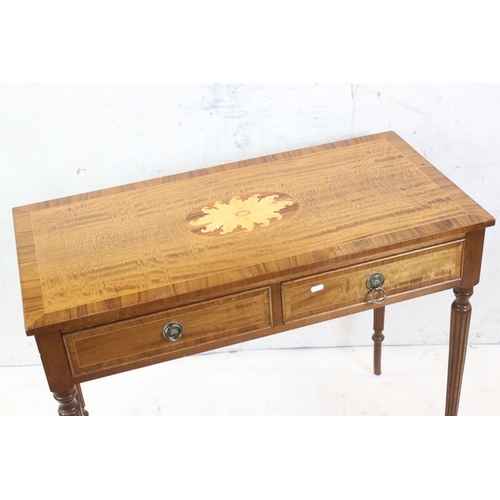 574 - Sheraton style Mahogany Inlaid Side Table with two drawers, glass cover to top, 91cm wide x 77cm hig... 